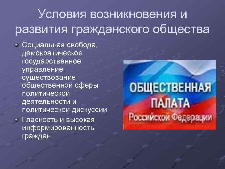   Условия возникновения и развития гражданского общества Социальная свобода,  демократическое  государственное
