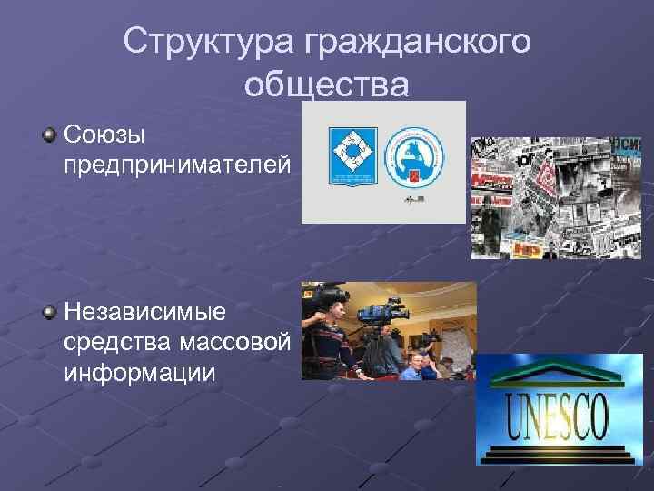   Структура гражданского  общества Союзы предпринимателей Независимые средства массовой информации 