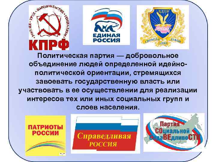 Сущностные признаки политической партии 1) определенная идеология, система общих ценностей и норм. 2)организация —
