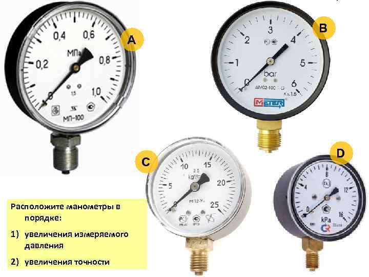 B А С Расположите манометры в порядке: 1) увеличения измеряемого давления 2) увеличения точности