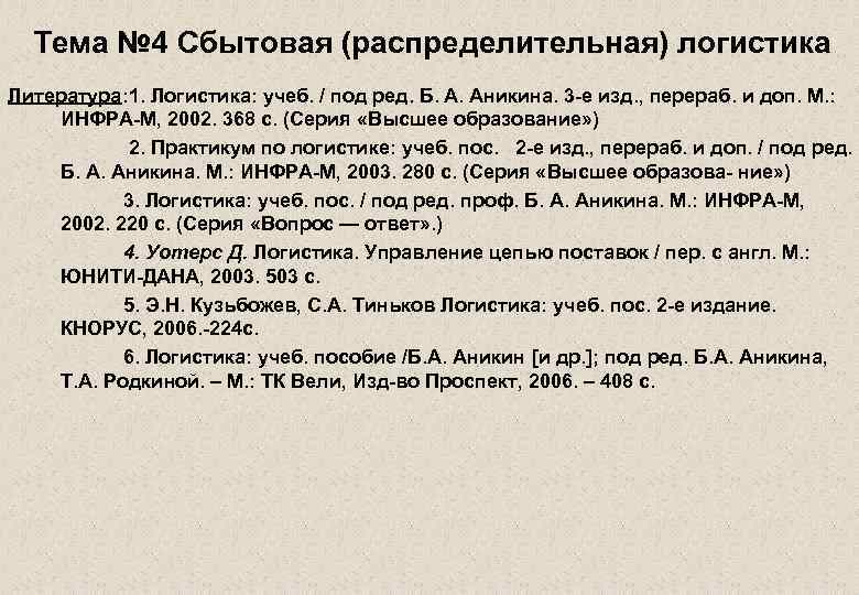 Логистика список литературы 2025