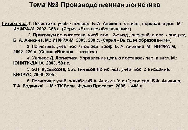 Тема № 3 Производственная логистика Литература: 1. Логистика: учеб. / под ред. Б. А.