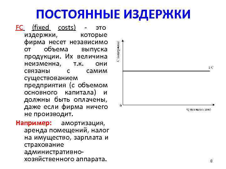 4 постоянные издержки. Постоянные издержки. FC постоянные издержки. Издержки, которые фирма несет независимо от объем выпуска продукции.. Постоянные затраты FC.