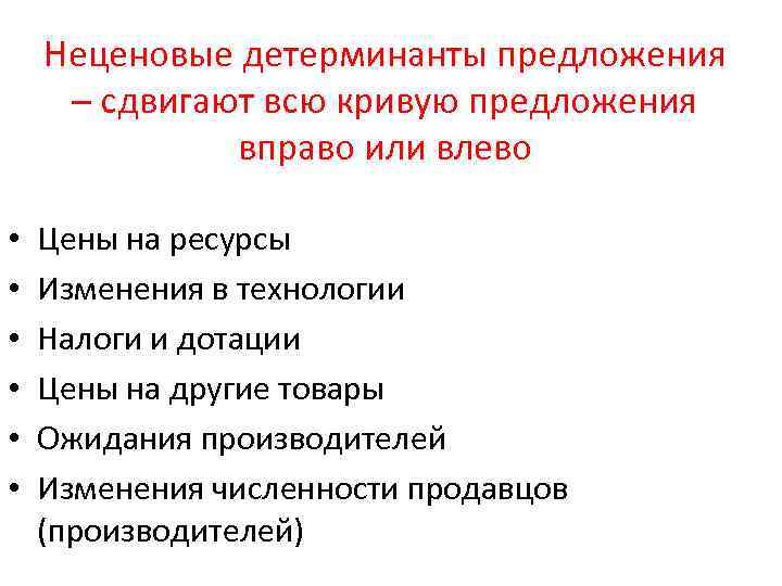   Неценовые детерминанты предложения – сдвигают всю кривую предложения    вправо