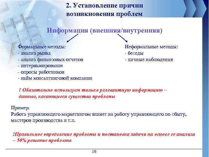 2. Установление причин возникновения проблем Информация (внешняя/внутренняя) Формальные методы: - анализ рынка - анализ
