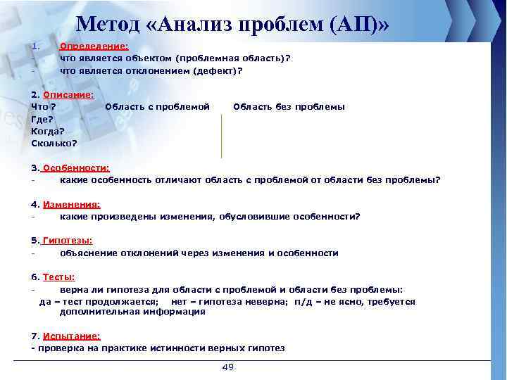 Метод «Анализ проблем (АП)» 1. - Определение: что является объектом (проблемная область)? что является
