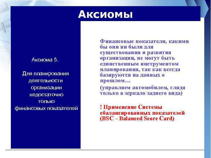 Аксиомы Аксиома 5. Для планирования деятельности организации недостаточно только финансовых показателей Финансовые показатели, какими