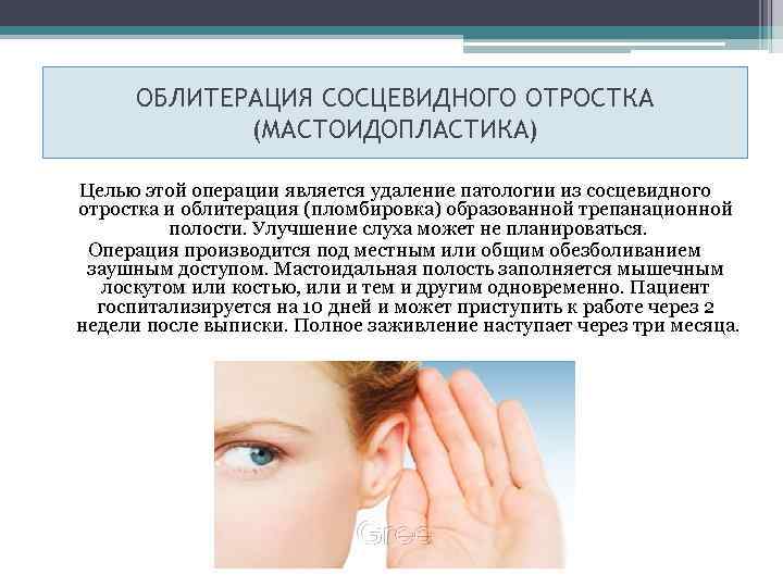  ОБЛИТЕРАЦИЯ СОСЦЕВИДНОГО ОТРОСТКА   (МАСТОИДОПЛАСТИКА) Целью этой операции является удаление патологии из