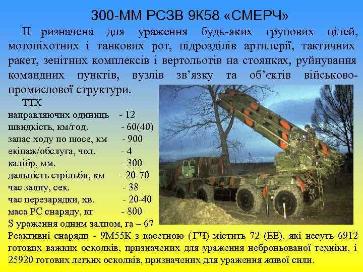 300 -ММ РСЗВ 9 К 58 «СМЕРЧ» П ризначена 300 -ММ РСЗВ 9 К 58 «СМЕРЧ» П ризначена