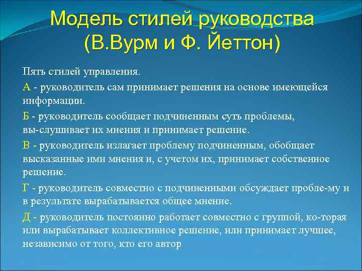 Модель стилей руководства (В. Вурм и Ф. Йеттон) Пять стилей управления. А руководитель сам