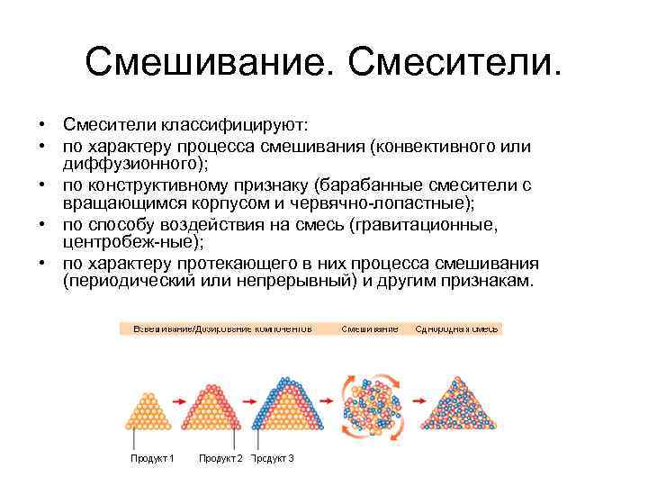 Смешивание. Смесители. • Смесители классифицируют: • по характеру процесса смешивания (конвективного или диффузионного); •