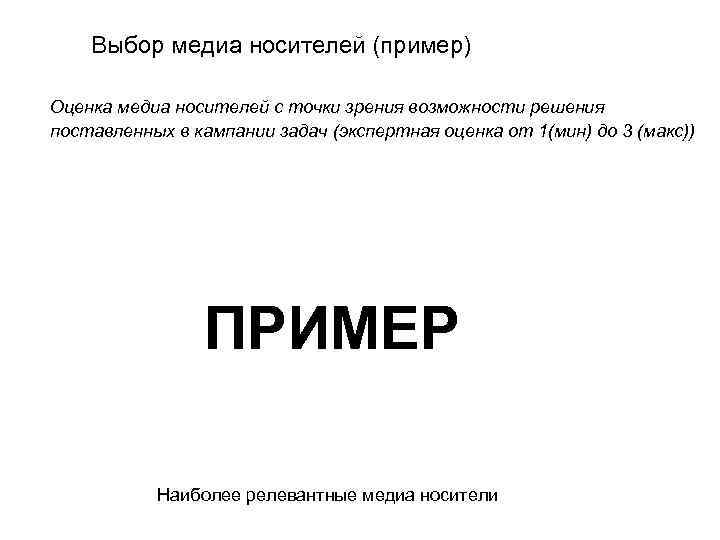   Выбор медиа носителей (пример) Оценка медиа носителей с точки зрения возможности решения