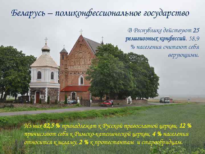 Беларусь – поликонфессиональное государство В Республике действуют 25 религиозных конфессий. 58, 9 % населения