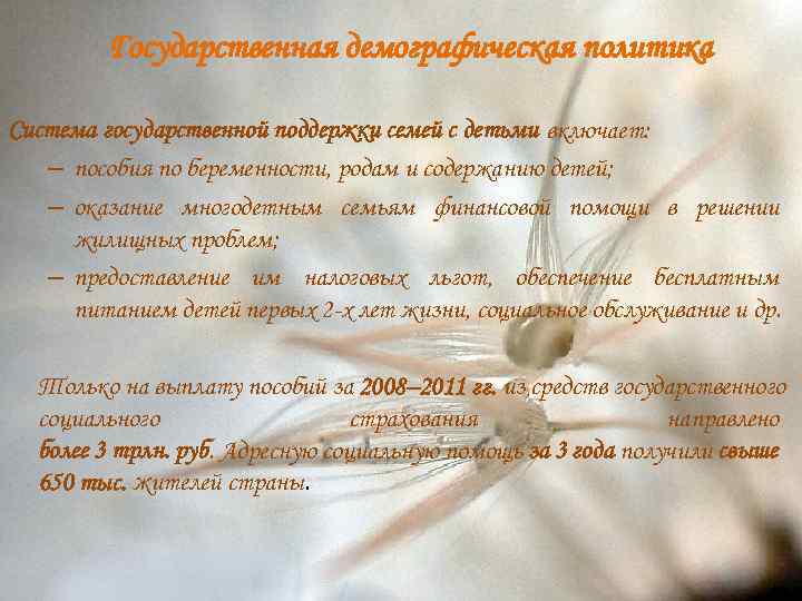 Государственная демографическая политика Система государственной поддержки семей с детьми включает: – пособия по беременности,