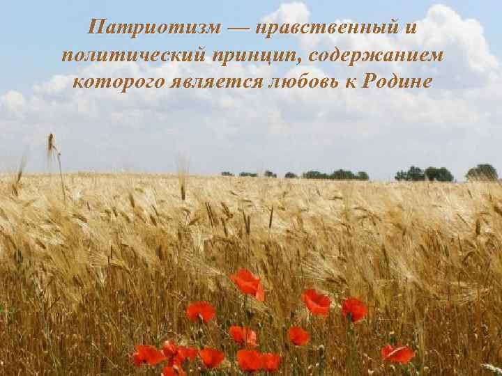 Патриотизм — нравственный и политический принцип, содержанием которого является любовь к Родине 