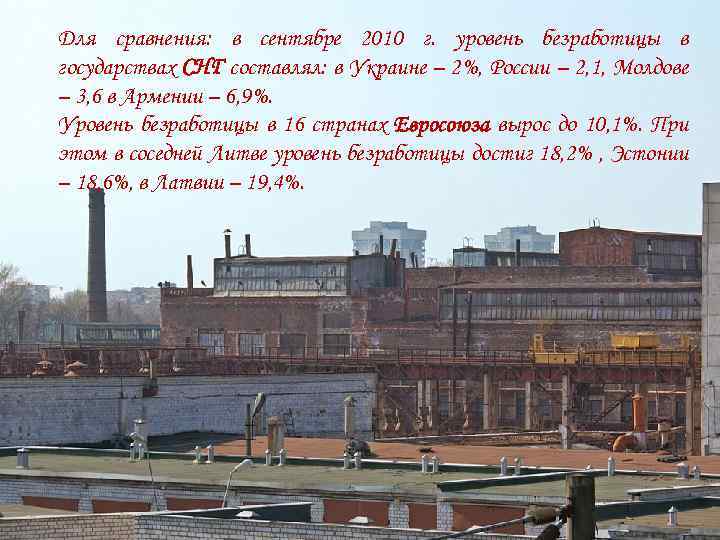 Для сравнения: в сентябре 2010 г. уровень безработицы в государствах СНГ составлял: в Украине