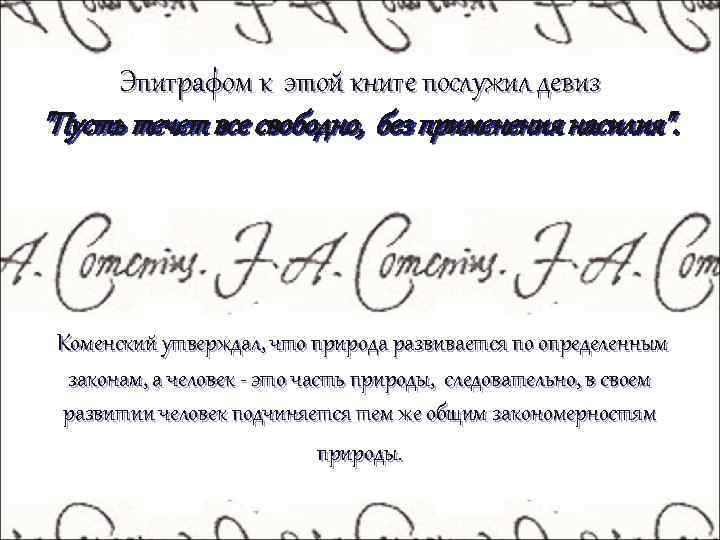 Эпиграфом к этой книге послужил девиз "Пусть течет все свободно, без применения насилия". Коменский