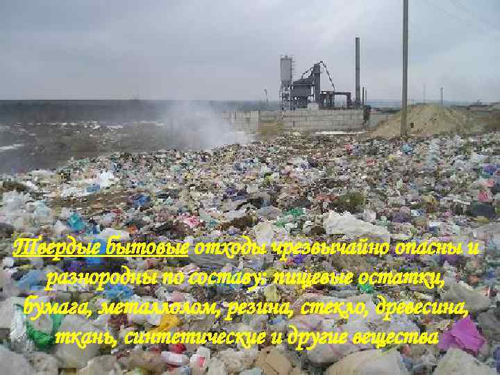 Твердые бытовые отходы чрезвычайно опасны и разнородны по составу: пищевые остатки, бумага, металлолом, резина,