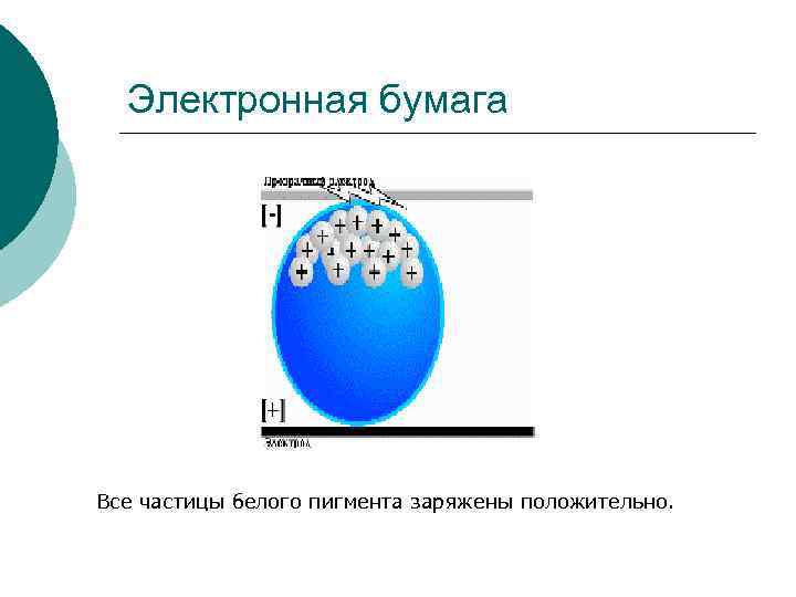 Электронная бумага Все частицы белого пигмента заряжены положительно. Электронная бумага Все частицы белого пигмента заряжены положительно.