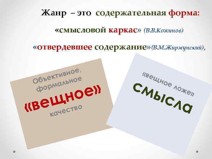 Жанр – это содержательная форма: «смысловой каркас» (В. В. Кожинов) «отвердевшее содержание» (В. М.