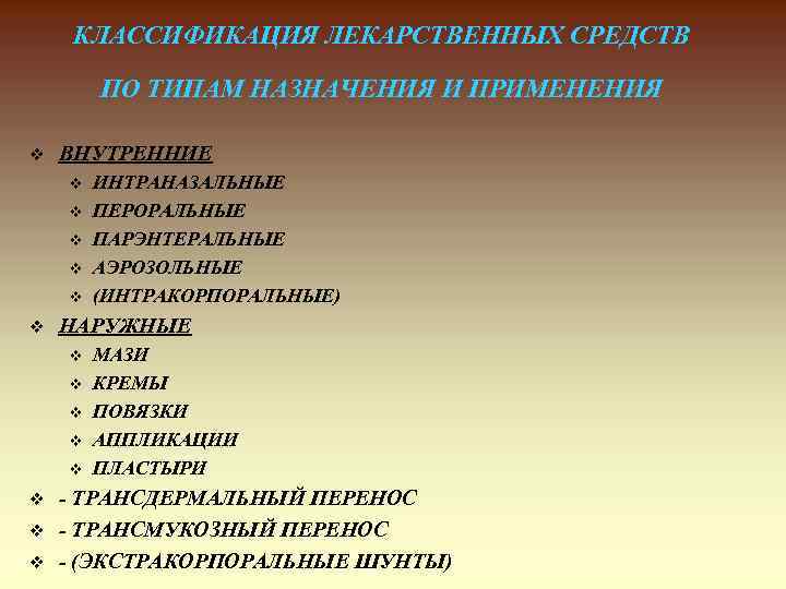 КЛАССИФИКАЦИЯ ЛЕКАРСТВЕННЫХ СРЕДСТВ ПО ТИПАМ НАЗНАЧЕНИЯ И ПРИМЕНЕНИЯ v ВНУТРЕННИЕ v v v НАРУЖНЫЕ
