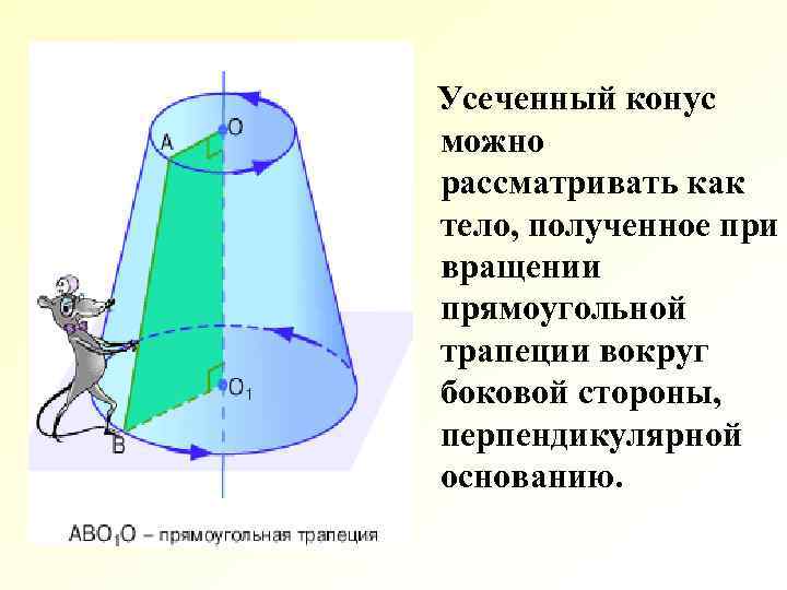 Усеченный конус можно рассматривать как тело, полученное при вращении прямоугольной трапеции вокруг боковой стороны, Усеченный конус можно рассматривать как тело, полученное при вращении прямоугольной трапеции вокруг боковой стороны,