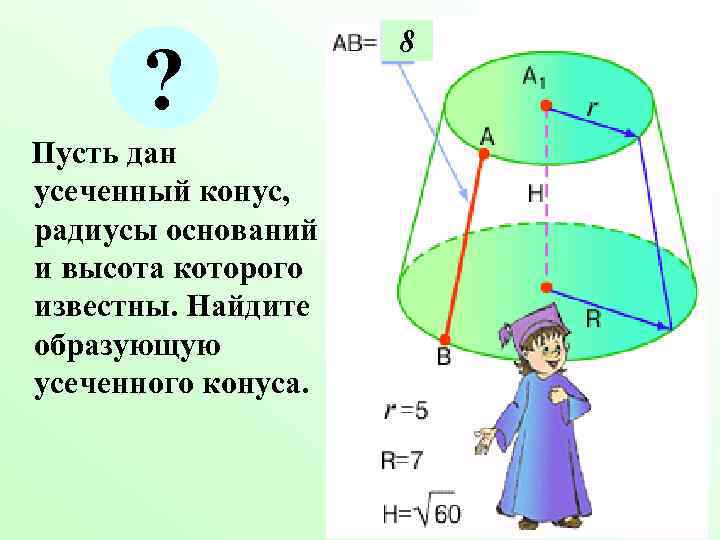 8 ? Пусть дан усеченный конус, радиусы оснований 8 ? Пусть дан усеченный конус, радиусы оснований