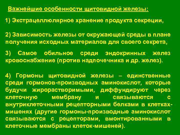 Важнейшие особенности щитовидной железы: 1) Экстрацеллюлярное хранение продукта секреции, 2) Зависимость железы от окружающей