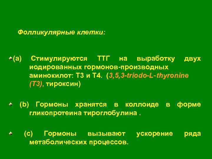 Фолликулярные клетки: (a) Стимулируются ТТГ на выработку двух иодированных гормонов-производных аминокилот: Т 3 и