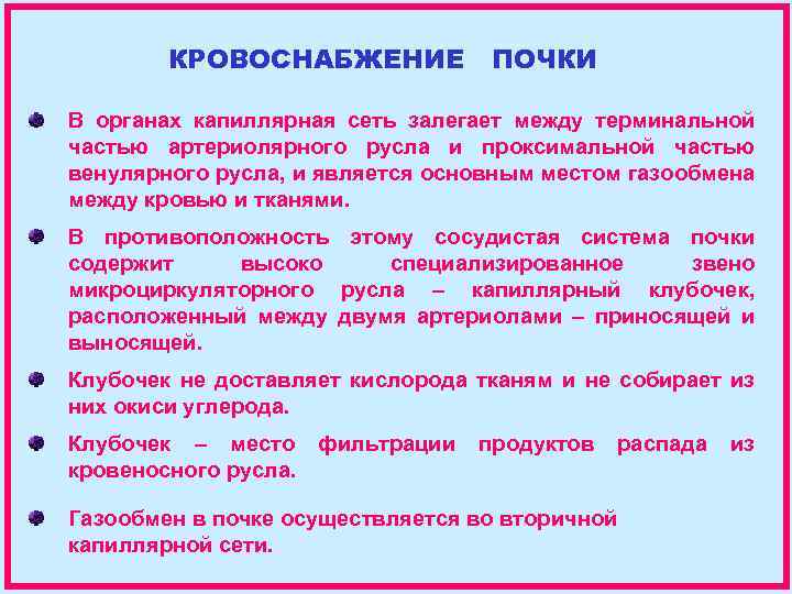 КРОВОСНАБЖЕНИЕ ПОЧКИ В органах капиллярная сеть залегает между терминальной частью артериолярного русла и проксимальной
