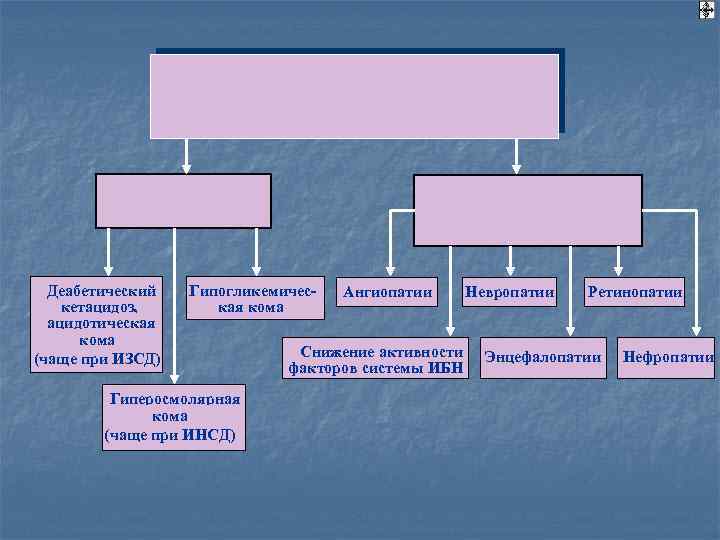  Деабетический Гипогликемичес- Ангиопатии Невропатии Ретинопатии кетацидоз, кая кома ацидотическая кома (чаще при ИЗСД)