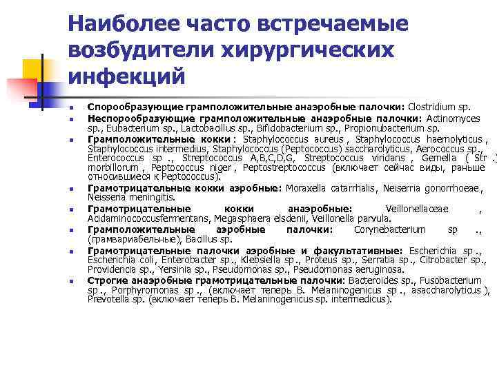 Наиболее часто встречаемые возбудители хирургических инфекций n  Спорообразующие грамположительные анаэробные палочки: Clostridium sp.