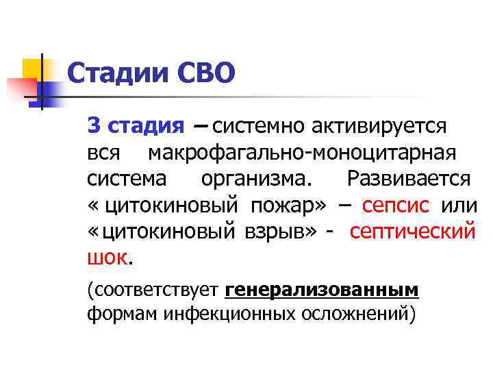 Стадии СВО 3 стадия – системно активируется вся макрофагально-моноцитарная система  организма.  Развивается