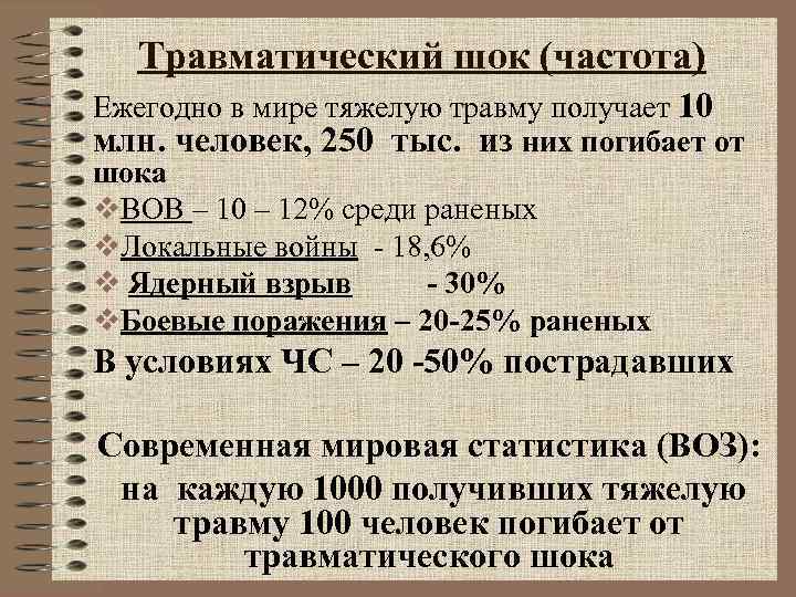 Травматический шок (частота) Ежегодно в мире тяжелую травму получает 10 млн. человек, Травматический шок (частота) Ежегодно в мире тяжелую травму получает 10 млн. человек,