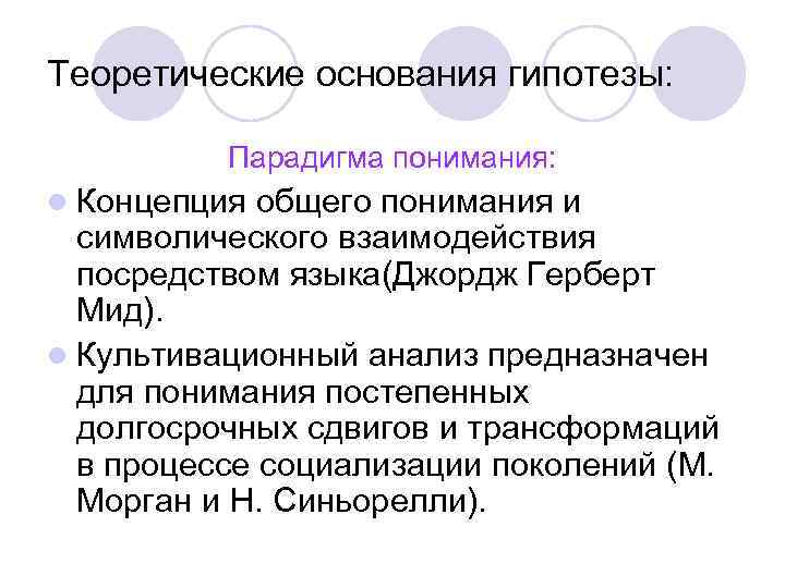 Теоретические основания гипотезы:   Парадигма понимания: l Концепция общего понимания и  символического