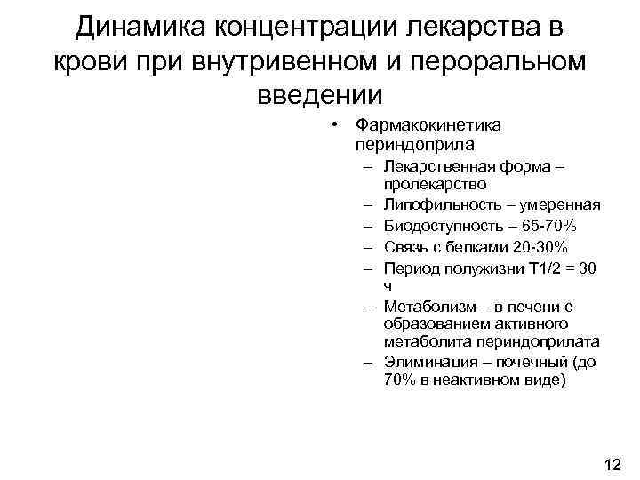  Динамика концентрации лекарства в крови при внутривенном и пероральном    введении