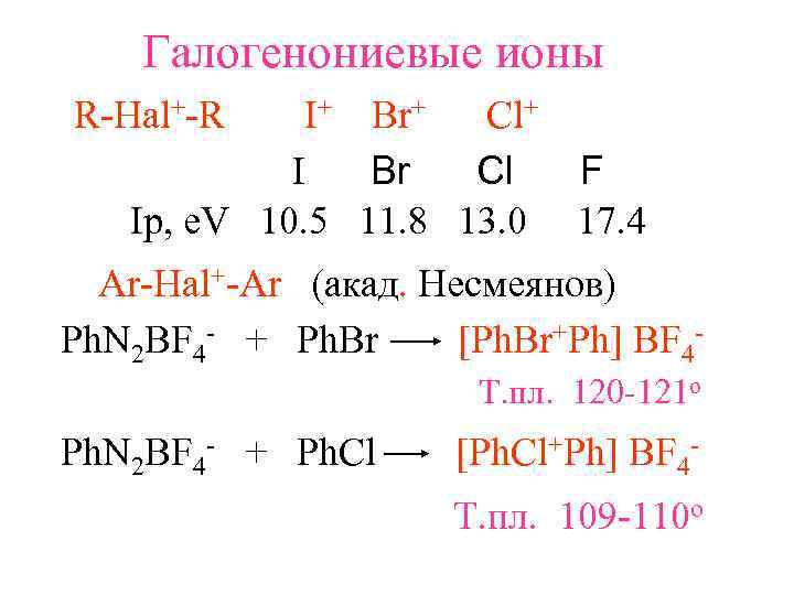   Галогенониевые ионы R-Hal+-R I+ Br+ Cl+   I  Br 