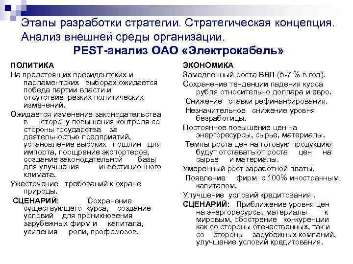   Этапы разработки стратегии. Стратегическая концепция. Анализ внешней среды организации.   