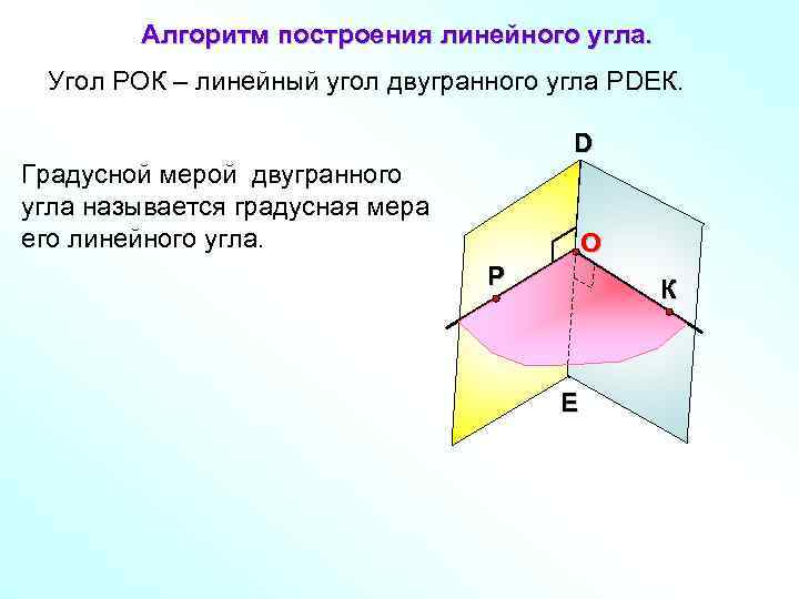   Алгоритм построения линейного угла.  Угол РОК – линейный угол двугранного угла