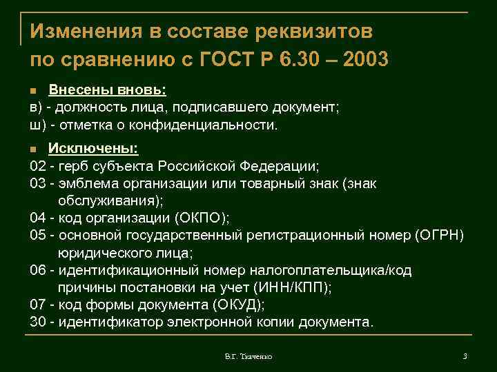 Изменения в составе реквизитов по сравнению с ГОСТ Р 6. 30 – 2003 