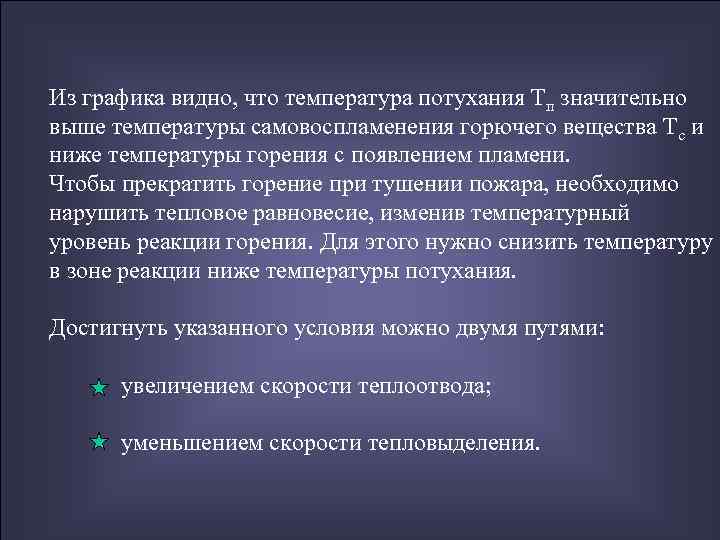 Из графика видно, что температура потухания Тп значительно выше температуры самовоспламенения горючего вещества Тс