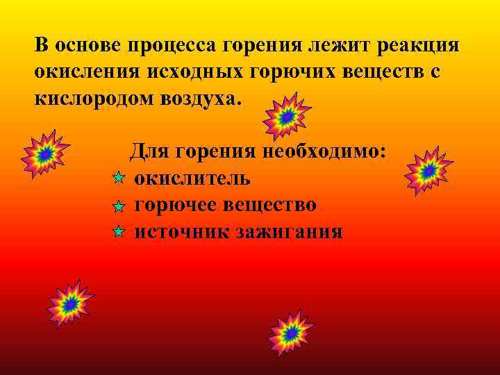 В основе процесса горения лежит реакция окисления исходных горючих веществ с кислородом воздуха. 