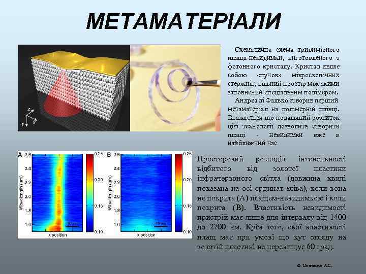 МЕТАМАТЕРІАЛИ Схематична схема тривимірного плаща-невидимки, виготовленого з фотонного кристалу. Кристал являє собою «пучок» мікроскопічних