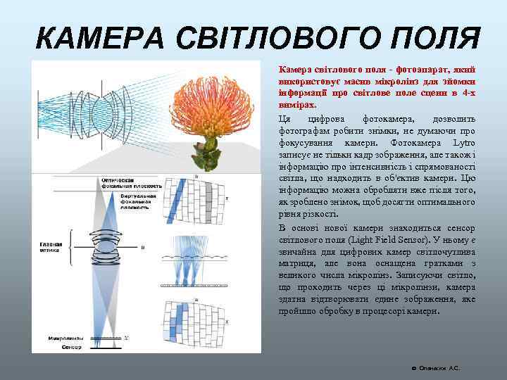 КАМЕРА СВІТЛОВОГО ПОЛЯ Камера світлового поля - фотоапарат, який використовує масив мікролінз для зйомки
