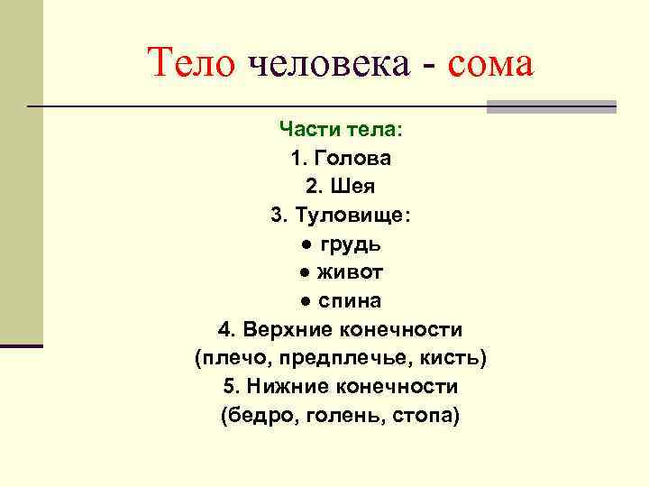Тело человека - сома  Части тела:   1. Голова   
