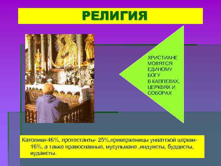 РЕЛИГИЯ ХРИСТИАНЕ МОЛЯТСЯ ЕДИНОМУ БОГУ В КАППЕЛАХ, ЦЕРКВЯХ И СОБОРАХ Католики-46%, протестанты- 25%, приверженицы