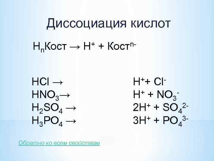   Диссоциация кислот Нn. Кост → Н+ + Костn-  HCl → 