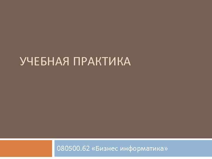 УЧЕБНАЯ ПРАКТИКА   080500. 62 «Бизнес информатика» 