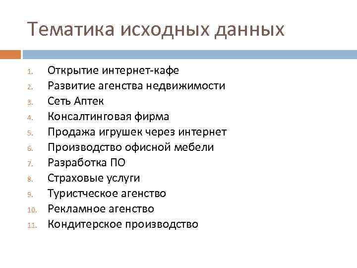 Тематика исходных данных 1. Открытие интернет-кафе 2. Развитие агенства недвижимости 3. Сеть Аптек 4.