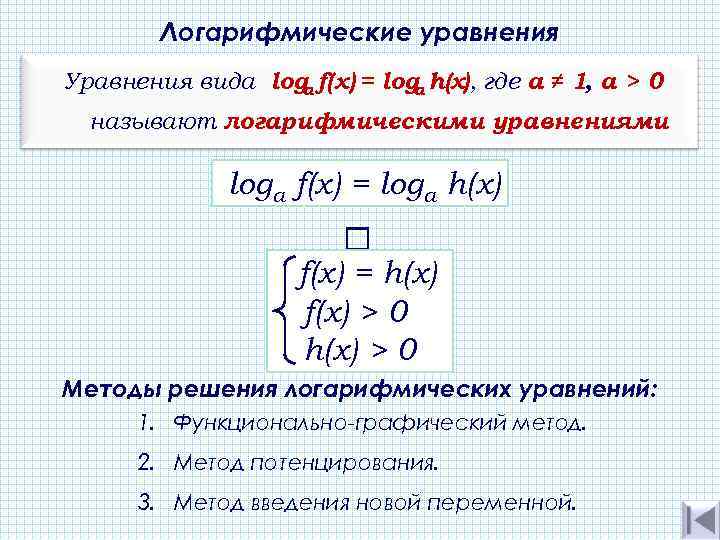 Класс логарифмические уравнения. Логарифмические уравнения это уравнения вида. Логарифмические уравнения log=log. Логарифмические уравнения уравнения log log. Основные методы решения логарифмических уравнений.